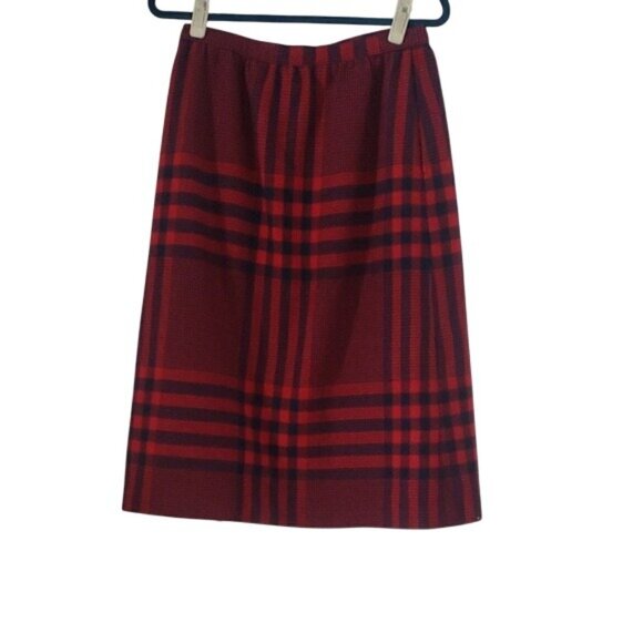 Vintage Red Navy Blue Plaid 80s Office Midi Skirt Timeless Retro Fringe Wrap - Picture 4 of 8